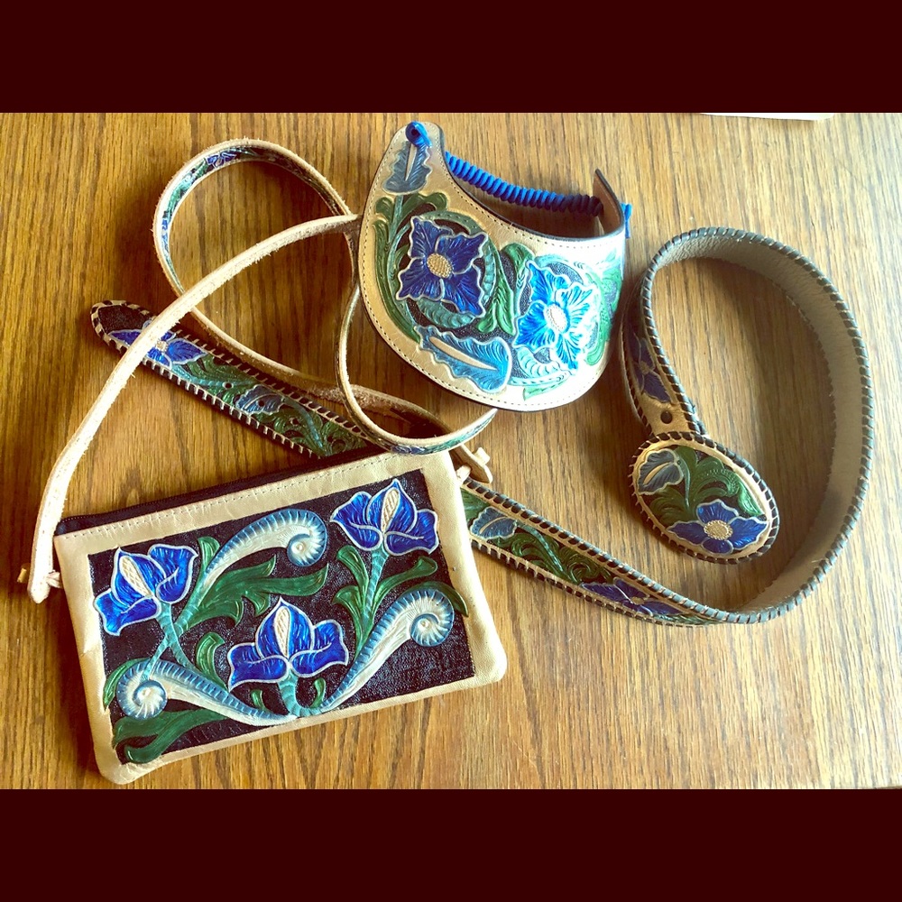 Tooled floral leather crossbody bag, belt 34” with buckle and visor Custom Set.